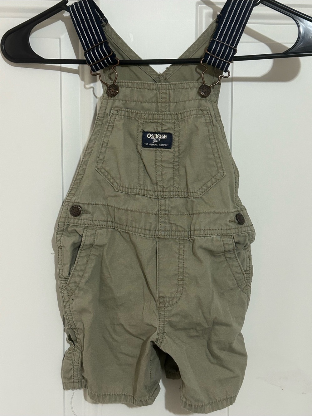 OshKosh B'gosh Olive Green Short Overalls with Navy Striped Straps